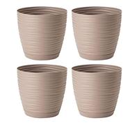 AC - Pack de 4 Macetas Redonda de 19 cm con Plato Discreto, Diseño Sahara, Fabricado en España, jardín Exterior, terraza o balcón, Color Topo