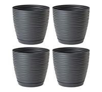 AC - Pack de 4 Macetas Redonda de 23 cm con Plato Discreto, Diseño Sahara, Fabricado en España, jardín Exterior, terraza o balcón, Color Antracita