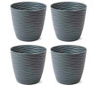 AC - Pack de 4 Macetas Redondas con Plato - Diseño Wind (Ø 15 cm) - Fabricado en plástico - Ideal para jardín Exterior, terraza o balcón - Color Antracita