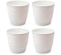 AC - Pack de 4 Macetas Redondas con Plato - Diseño Wind (Ø 19 cm) - Fabricado en plástico - Ideal para jardín Exterior, terraza o balcón - Color Blanco Roto