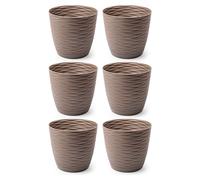 AC - Pack de 6 Macetas Redondas con Plato - Diseño Wind (Ø 17 cm) - Fabricado en plástico - Ideal para jardín Exterior, terraza o balcón - Color Marrón Topo