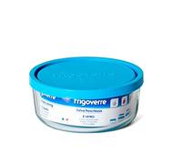 Acan Frigoverre - Fiambrera de cristal redonda, con tapa de plástico de 12 cm de diámetro y 4,5 cm de alto,con tapa azul. Recipiente para conservar alimentos con capacidad de 380 ml
