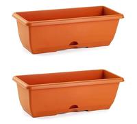 Acan Pack de 2 jardineras balconeras de plástico con Plato sin Soporte, PLFT, 40 x 20 x 17,5 cm de Color marrón. Macetero para Plantas y Flores Rectangular con Agujeros de Drenaje y Bandeja integrada