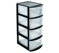 Acan Tradineur - Cajonera estrecha, plástico, modelo Támesis, 4 cajones transparentes, torre de almacenaje, oficina, hogar (Negro, 78 x 28,5 x 39 cm)