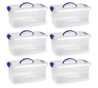 Acan Tradineur - Pack de 6 Cajas de Almacenamiento transparente con asa azul - Fabricado en plástico - Contenedor para almacenar libros, ropa, mantas - N.º 24-17,5 x 38,5 x 23 cm - 10 L