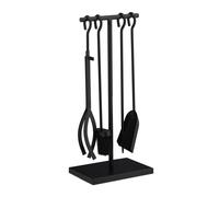 Relaxdays Accesorios Chimenea 5 Piezas, Modernos, Juego de Estufa con Atizador, Pinzas, Escoba, Pala y Soporte, Negro