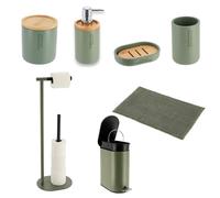 Accesorios de baño Tendance, Verde Caqui, Alfombrilla, Algodonera, Dispensador de Papel, Dosificador de Jabón, Jabonera, Papelera, Vaso para Cepillos.
