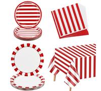 Accesorios de fiesta de circo para carnaval, decoraciones de fiesta de rayas rojas y blancas, 61 unidades, incluye platos de papel, servilletas, mantel de carnaval, para cumpleaños, baby shower