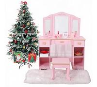 Acekool Mueble Tocador Decorativo Infantil De Madera para Niñas, Conjunto con Silla, Espejo Triple, Cajones y Estante Abierto, Dormitorios Infantiles y Cuartos De Juegos 4 a 9 Años