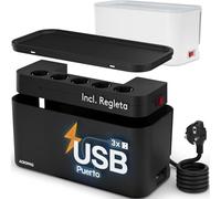 ACROPAQ Caja Cables con Regleta -Cable Organizador (30x14x14 cm) con 5 Enchufes, 3X USB-A Cargador Rápido para Smartphones & Tablets, Interruptor On/Off, 2m Cable, Blanco - Caja Cables