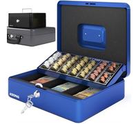 ACROPAQ Caja fuerte portátil de caudales - (30 x 24 x 9 cm), Con bandeja para conteo de monedas, Estructura de acero, con 2 llaves incluidas, Azul - Caja dinero