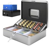 ACROPAQ Caja fuerte portátil de caudales - (30 x 24 x 9 cm), Con bandeja para conteo de monedas, Estructura de acero, con 2 llaves incluidas, Plateado - Caja dinero