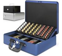 ACROPAQ Caja fuerte portátil de caudales grande - (35,8 x 27,3 x 11 cm), Con bandeja para conteo de monedas, Estuche premium, con 2 llaves incluidas, Azul - Caja dinero