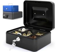 ACROPAQ Caja fuerte portátil de caudales pequeña - (20,5 x 16 x 9 cm), Con bandeja para conteo de monedas, Estructura de acero, con 2 llaves incluidas, Negro - Caja dinero