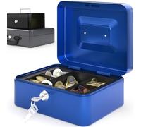 ACROPAQ Caja fuerte portátil de caudales pequeña - (20,5 x 16 x 9 cm), Con bandeja para conteo de monedas, Estructura de acero, con 2 llaves incluidas, Azul - Caja dinero