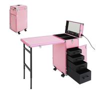 ACROSSPART Mesa de uñas profesional portátil, escritorio de uñas plegable de viaje con altavoz Bluetooth y espejo, rueda universal de 360°, organizador de almacenamiento con ruedas (rosa)