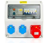 Adaptador eléctrico de pared, grado de protección IP44, para montaje en pared, con 1 toma de 16A y 2 tomas de 230V, con protección diferencial y de fuga a tierra (LS+FI)