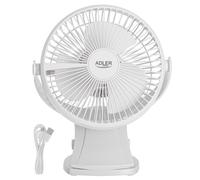 Adler AD 7342 Ventilador de mesa a batería con clip | Cabezal giratorio de 15,5 cm, 360°, 3 velocidades | Silencioso, ideal para la oficina, el hogar y el camping (Blanco)
