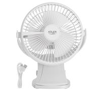 Adler AD 7342 Ventilador de mesa a batería con clip | Cabezal giratorio de 15,5 cm, 360°, 3 velocidades | Silencioso, ideal para la oficina, el hogar y el camping (Blanco)