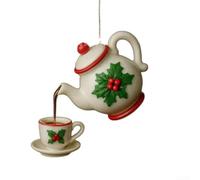 Adorno de tetera de Navidad, diseño de taza de té suspendida de acrílico con hojas de acebo y bayas rojas para árbol de Navidad, decoración de mesa, mantel colorido de 12 cm para (A)