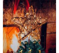 Adorno navideño en forma de estrella para la cima del árbol con 30 luces LED blancas cálidas de cobre, decoración navideña vintage de ratán n