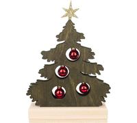 Adorno navideño "Schwibbogen" con mini abeto teñido de verde, adornado con bolas rojas y una tira de luces LED, montado sobre una base de madera. Dimensiones: 17x23x5 cm. Producto nuevo
