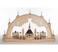 Adorno navideño "Schwibbogen" con representación de la iglesia de Seiffen y casas, con iluminación eléctrica. Dimensiones: 40x70x12 cm. Producto nuevo