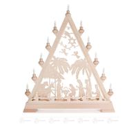 Adorno navideño triangular con la representación del nacimiento de Cristo, con iluminación eléctrica. Dimensiones: 57 cm de ancho x 67 cm de alto x 6,5 cm de profundidad. Nuevo