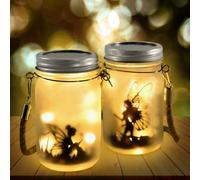 Adornos jardin exterior, Farolillo solar en tarro de cristal colgante para exterior, 2 unidades de hada de mariposa en tarro de cristal, decoración de jardín para exteriores, luces solares de jardín