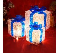 adornos navideños, Paquete de 3 cajas regalo navideñas con luces LED multicolor varios tamaños(Blue)