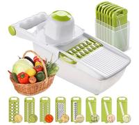 ADOV Mandolina de Cocina, Cortador de Verduras Multifuncional con Cuchillas Intercambiables de Acero Inoxidable, Guarda Mano y Contenedor para Patatas Tomate Cebolla Frutas, Mandolina Japonesa