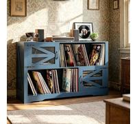 AeasyG MDF Mueble para Discos de Vinilo con Acabado Nogal,Soporte para 500+ Vinilos, 2 Enchufes & 2 USB, Antivuelco, Mueble Compacto para Salón y Tocadiscos,Color Azul