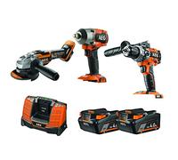 AEG JP18AA3-402B LK1 - Juego de 3 herramientas sin escobillas (18 V, 18 V, 125 mm, 18 V, 2 baterías de 4,0 Ah, cargador, bolsa de almacenamiento