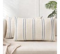 AELS - Set de 2 fundas de cojín decorativas de lino estilo rústico de 30,5 x 51 cm, diseño boho con textura, color beige con rayas teñidas en hilo blanco y azul marino, para sofá o salón (solo fundas)