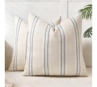 AELS Set de 2 fundas de cojín decorativas de lino estilo rústico de 40,6 x 40,6 cm, diseño boho con textura, color beige con rayas teñidas en hilo blanco y azul marino, para sofá o salón (solo fundas)