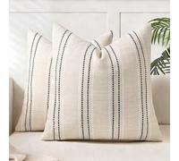AELS - Set de 2 fundas de cojín decorativas de lino estilo rústico de 46 x 46 cm, diseño boho con textura, color beige con rayas teñidas en hilo blanco y negro, para sofá o salón (solo fundas)