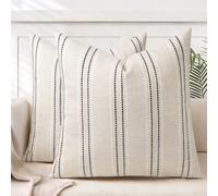 AELS - Set de 2 Fundas de cojín Decorativas de Lino Estilo rústico de 66 x 66 cm, diseño Boho con Textura, Color Beige con Rayas teñidas en Hilo Blanco y Negro, para sofá o salón (Solo Fundas)