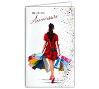 AFIE 15-6499 - Tarjeta portabillete con sobres de cumpleaños para mujer, niña, bonita y elegante chic a la que le encanta ir de compras, bolso de mano, vestido rojo tacones, fabricado en Europa