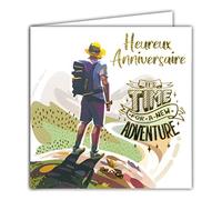 Afie 22033 - Tarjeta cuadrada dorada para cumpleaños con texto en inglés"It's time for a New Adventure, aventurero explorador que ama la naturaleza"