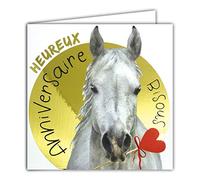 Afie 22061 - Tarjeta cuadrada con texto en inglés "Happy Birthday", diseño de caballo blanco, corazón rojo, fondo dorado brillante, textura con efecto relieve