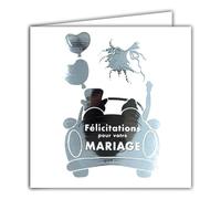AFIE 22241 Tarjeta cuadrada Felicitaciones para su boda coche de los novios plateado brillante con sobre blanco 15x15cm pareja ramo globos corazones creación edición impresión fabricación francesa