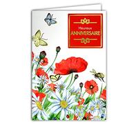 Afie 65-1226 - Tarjeta de felicitación de cumpleaños, ramo de flores y amapolas rojas y mariposas doradas