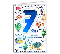 Afie 69-2107 Tarjeta Feliz Cumpleaños 7 años Niño Niño Niña - Mar Peces Tortuga Caballito