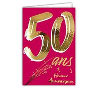 Afie - Tarjeta de cumpleaños de 50 años de oro dorado brillante en relieve con textura, para hombre y mujer, texto colorido adecuado para la edad en el interior, sobre incluido, fabricada en Francia,