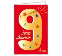Afie Tarjeta de cumpleaños de 9 años de oro dorado brillante en relieve con textura para niño y niña, colorida para la edad en el interior, sobre incluida, fabricada en Francia, Coloración 69-2409