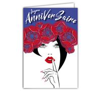 Afie Tarjeta feliz cumpleaños mujer niña corona de flores amapolas maquillaje lápiz labial besos ilustración con sobres formato 12 x 17,5 cm papel 300 gr brillante fabricado en Francia 69-8039