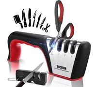 Afilador manual Unyqoos® 4 en 1, profesional con 4 etapas: diferentes accesorios de afilado para tijeras y cuchillos de cocina de distintos tamaños, incluyendo un mini afilador 2 en 1