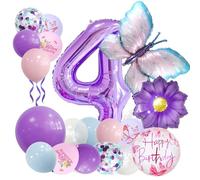 Afritee Globo de mariposa para 4 cumpleaños para niña, color lila, decoración de cumpleaños para 4 años, globos para 4 años, diseño de girasol, globos felices