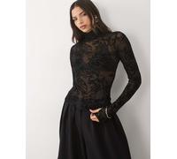 AFRM top de malla flocada con cuello alto y manga larga en flores negras-Negro Negro floral S