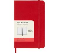 Agenda diaria Moleskine 2025, 12 meses, 14 x 9 cm, de bolsillo, tapa dura de color rojo escarlata + bolígrafo retráctil y marcapáginas